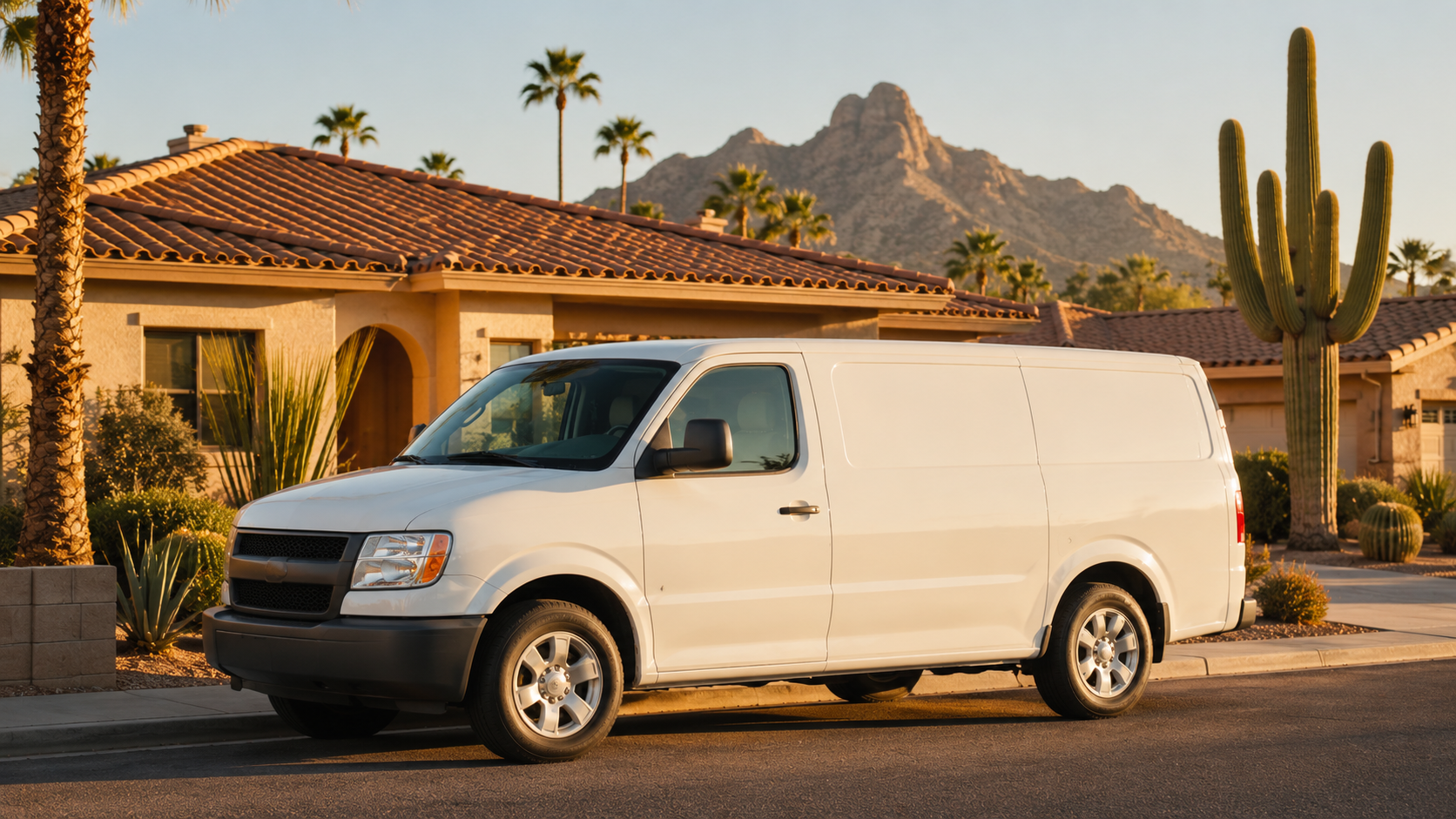 Phoenix HVAC technician standing beside his service van on a residential driveway